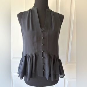 Elizabeth and James Black Silk Sleeveless Peplum Blouse with Covered Buttons